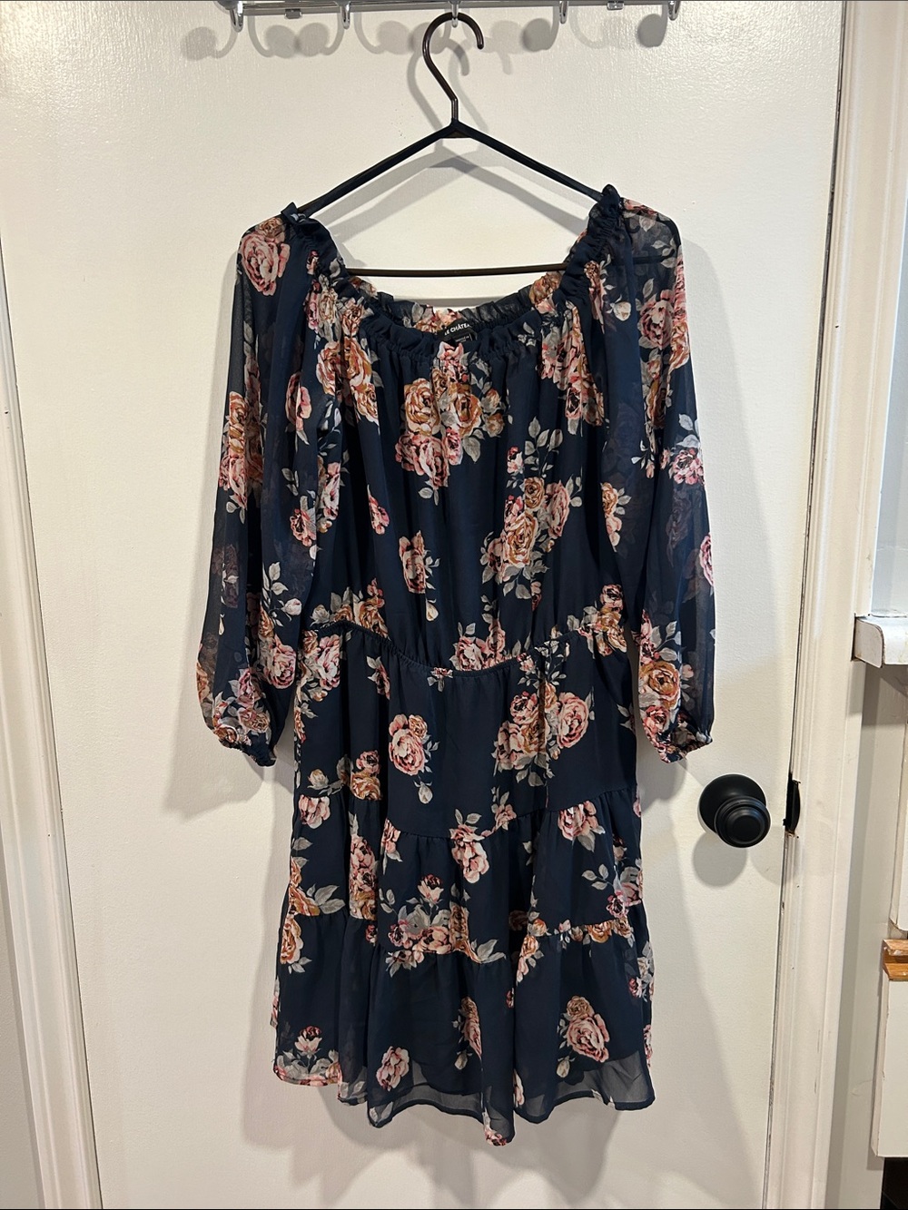 le chateau Navy Floral Off-Shoulder Tiered Dress